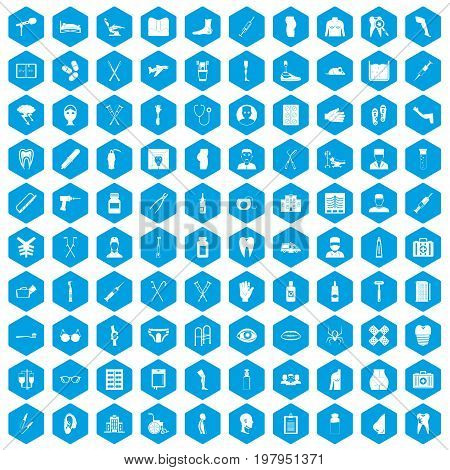 100 medical care icons set in blue hexagon isolated vector illustration