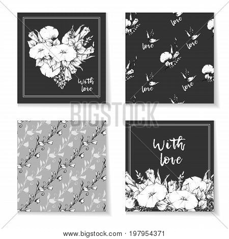 Retro vintage postcard, card or business card with flower bindweed. Hand drawing. Vector illustration.