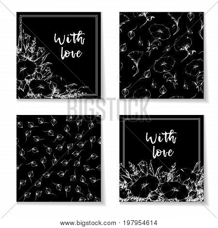 Retro vintage postcard, card or business card with flower bindweed. Hand drawing. Vector illustration.