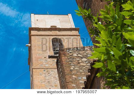 Fortress In The City Montbrio Del Camp, Tarragona, Catalunya, Spain. .blue Background.