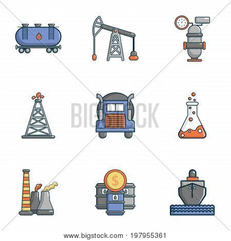 Oil production icons set. Cartoon set of 9 oil production vector icons for web isolated on white background