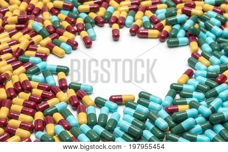 Colorful of antibiotic medicine capsule pills drug resistance with copy space