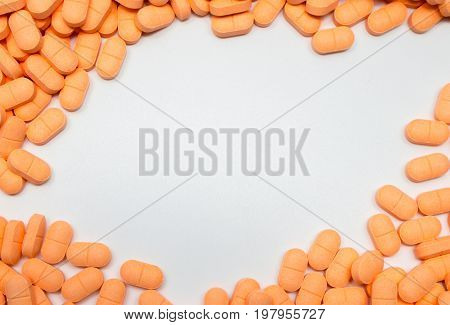 Pile of muscle relaxant pain relief tablet pills with copy space