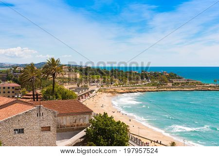 Coast Of Tarragona In Sunny Day, Catalunya, Spain. Copy Space. Space For Text. Copy Space For Text.