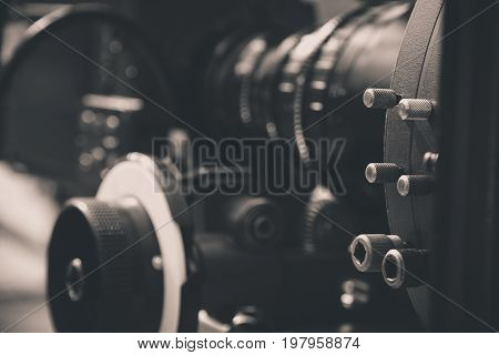 detail of Video camera viewfinder, film crew production, behind the scenes background