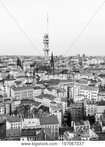 Zizkov town part and television tower, Prague, Czech republic. Black and white image.