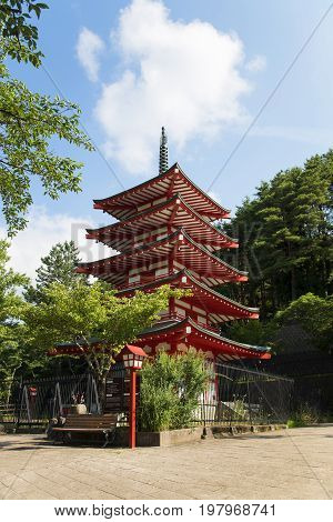 shrine or temple red pagoda in summer time. landmark at Fujiyoshida Japan