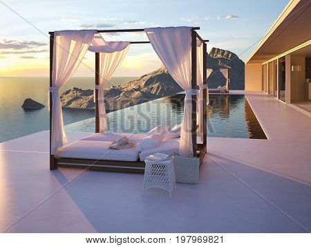 3d rendering. beautiful sunset at the infinity pool with a nice view.