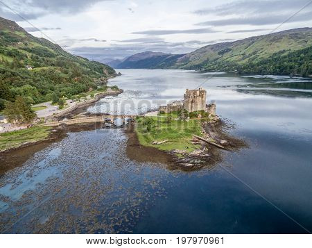 Aerial view of the historic Eilean Donan Castle by Dornie, Scotland