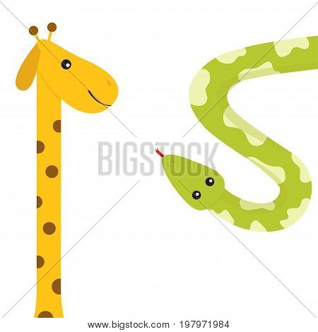 Giraffe with spot. Long neck. Green python snake red tongue. Crawling serpent. Zoo animal friends. Cute cartoon funny card for kids. Isolated. White background Flat design. Vector illustration
