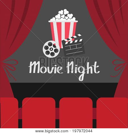 Clapper board Movie reel Popcorn. Open luxury red silk stage theatre curtain. Velvet curtains with bow. Seats hall. Film screen. Movie night. Cinema premiere. Flat design. White background. Vector