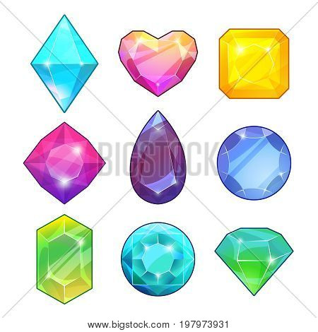 Different gemstones. Brilliants and diamonds in cartoon style. Vector illustrations for game design projects. Diamond and jewel, color brilliant and gemstone