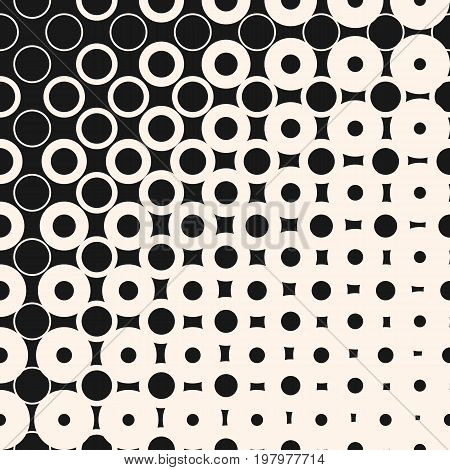 Vector halftone seamless pattern with morphing geometric shapes, circles and squares. Half tone abstract monochrome background. Diagonal gradient transition effect. Stylish modern design element. Halftone background, square pattern.