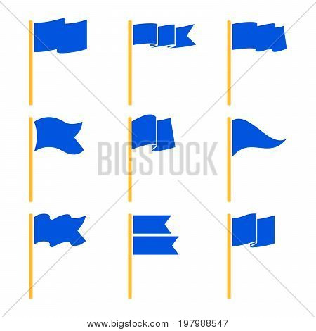 Markers or pointer to the map or location. Blue flags set isolated on white background