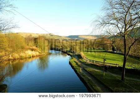 Friezland Oldham; Greater Manchester; England; UK Europe - December 29 2013 : Hudderfield Narrow Canal in Friezland in Saddleworth Moor