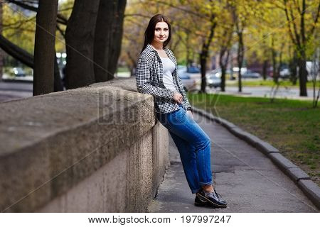 Young Pretty Stylish Smiling Woman Wearing Fashionable Shortened
