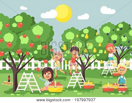 Stock vector illustration cartoon characters children boys and girls harvest ripe fruits autumn orchard garden from plum, pear, apple trees, put crop in full basket landscape scene outdoor flat style