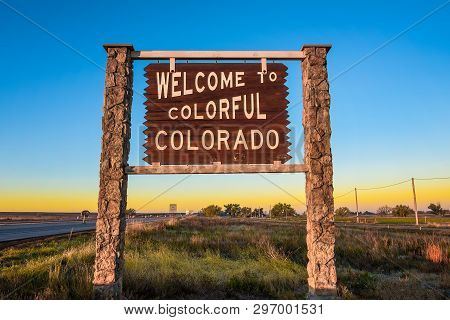 Welcome To Colorful Colorado Street Sign Situated Along Interstate I-76 Before Entering Sedwick Coun
