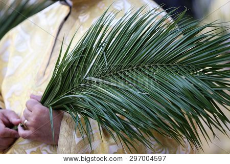 Bucharest, Romania - April 20, 2019: Romanian Orthodox Priests During A Palm Sunday Pilgrimage Proce