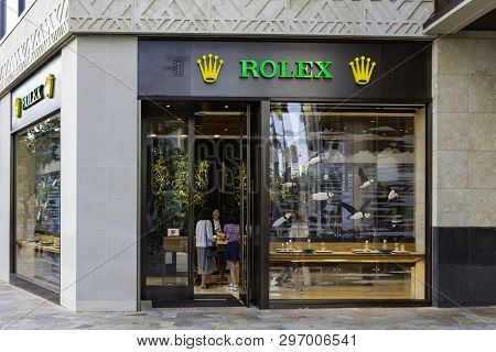 Honolulu Hawaii Usa - April 2, 2019: A Rolex Watch Store On The Waikiki Beach Strip. Rolex Sa Is A S