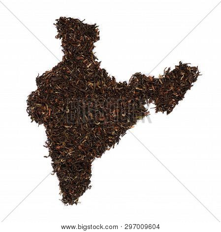 Loose Black Tea. The Contour Of The India Is Made Of Indian Assam Tea Isolated On White Background