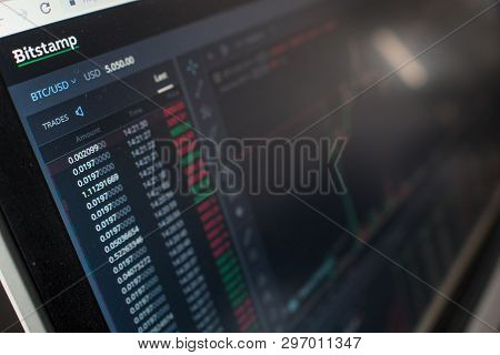 Saint Petersburg, Russia - April 11, 2019: Bitstamp - Exchange For Cryptocurrency Trading. Candle Ch