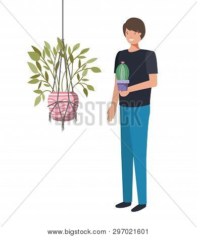 Man With Cactus In Macrame Hangers Vector Illustration Design