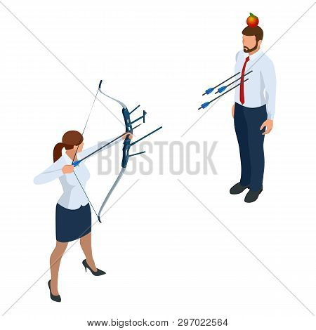 Isometric Businesswoman Shooting A Bow And Arrow. Success. Arrow Hit The Center Of The Target. Busin