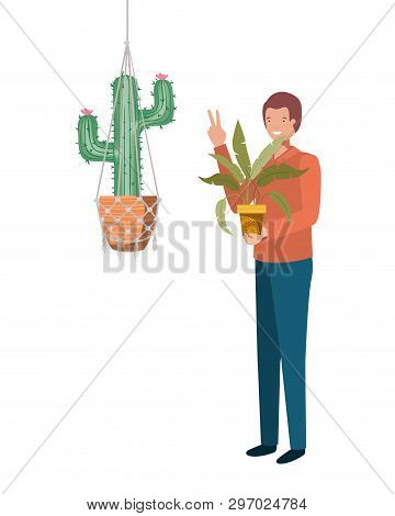 Man With Cactus In Macrame Hangers Vector Illustration Design
