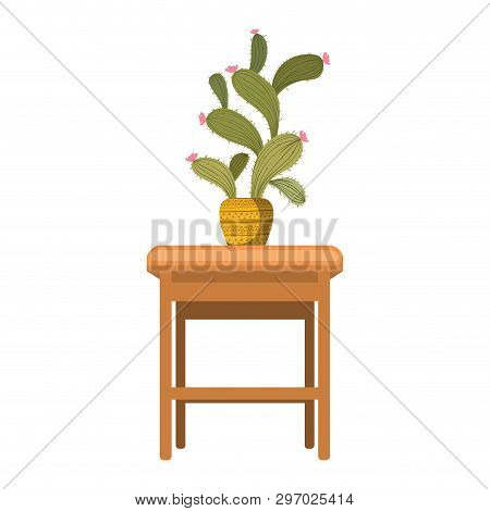 Cactus With Potted On The Table Icon Vector Illustration Design