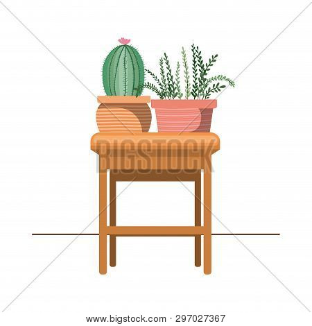 Cactus With Potted On The Table Icon Vector Illustration Design
