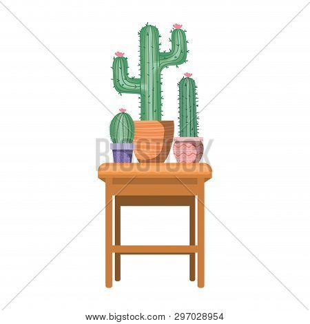 Cactus With Potted On The Table Icon Vector Illustration Design
