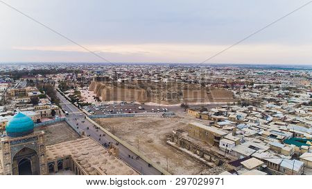 Aerial The High Tower Of Kunya-ark Fortress, Surrounded By Ramparts Of Itchan Kala - The Medieval Fo