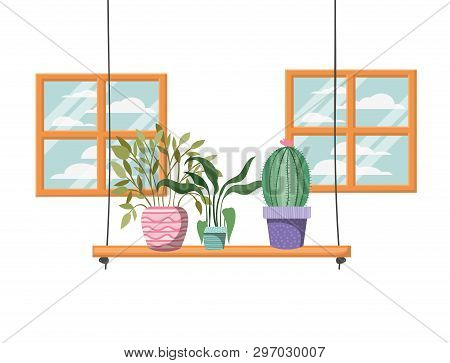 Cactus With Potted On Shelf Isolated Icon Vector Illustration Design