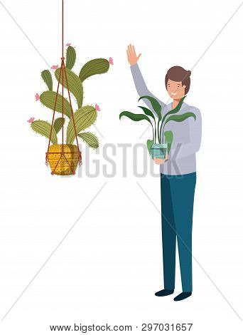 Man With Cactus In Macrame Hangers Vector Illustration Design