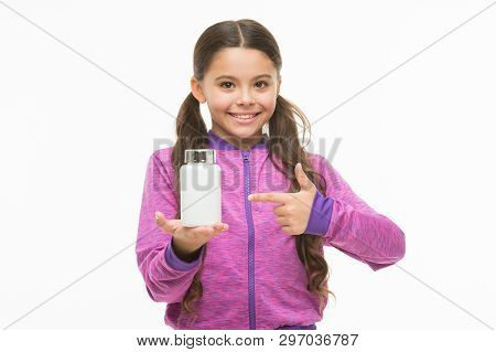 Presenting Product. Little Child Pointing At Pill Bottle. Small Girl With Medicine Pill And Vitamin 