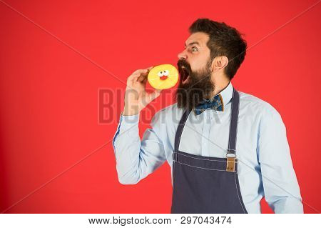 Chef Man In Cafe. Food Calorie. Bearded Man In Apron. Diet And Healthy Food. Baker Hold Donut. Funny