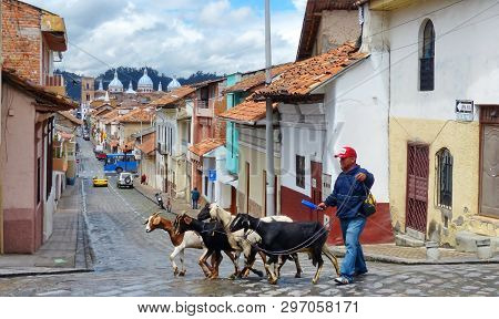 Cuenca, Ecuador - April 13, 2019: View At Street Benigno Malo And New Cathedral Or Catedral De La In