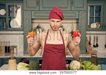 Man Gives Master Class In Cooking. Master Cook Ready For High Class Cooking. Man Chef Hold Peppers B
