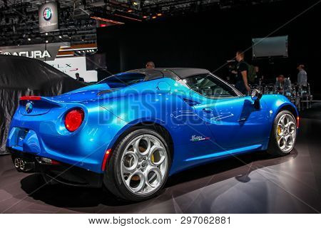 NEW YORK, NY, USA - APRIL 17, 2019: Alfa Romeo 4C Spider at the New York International Auto Show 2019, at the Jacob Javits Center. This was Press Preview Day One of NYIAS