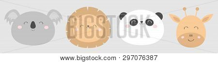 Lion Giraffe Koala Panda Bearround Face Head Line Icon Set. Kawaii Animal. Cute Cartoon Character. F