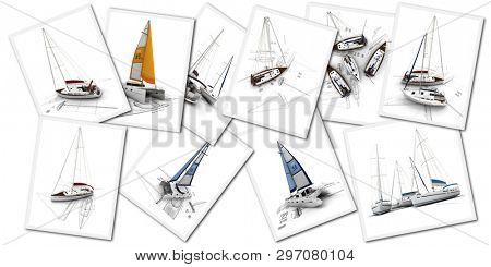 collection of sailboat 3D renderings with original sketches and blueprints