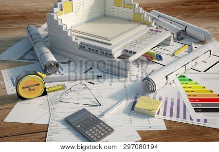 3D renderin of a building cross section showing insulation layers and building details on top of blueprints and a energy efficiency chart