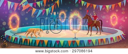 Circus Show Arena, Acrobat Equilibrist On Unicycle Wheel And Trained Animals. Vector Big Top Circus 