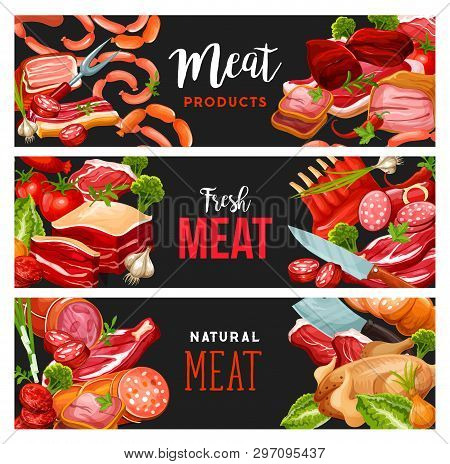 Butchery Shop Meat And Sausages, Grocery Store Banners. Vector Pork Ham And Beef Steak, Salami Or Pe