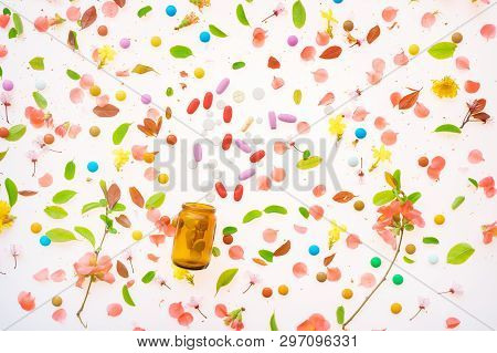 Recreational Drugs Conceptual Flat Lay Top View Of Various Medication On Colorful Background