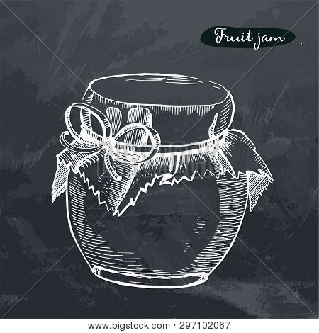 Vector Hand Drawn Illustration With Jar Full Of Fruit Jam, Isolated On The Grunge Chalk Background. 