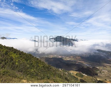 Beautiful Panorama Top View Of Growing Golden Paddy Rice Field In Tavan Local Village With Fansipan 
