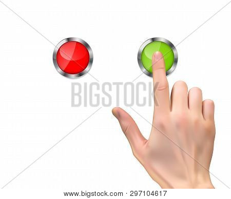 Realistic 3d Silhouette Of  Hand With Inger Pressing A Green Start Button On White Background.  Illu