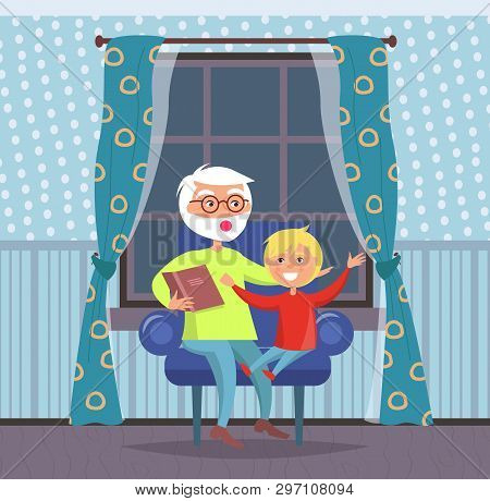 Family Evenings At Home Vector, Grandfather And Grandson Listening To Fairy Tale Told By Grandad. Pe
